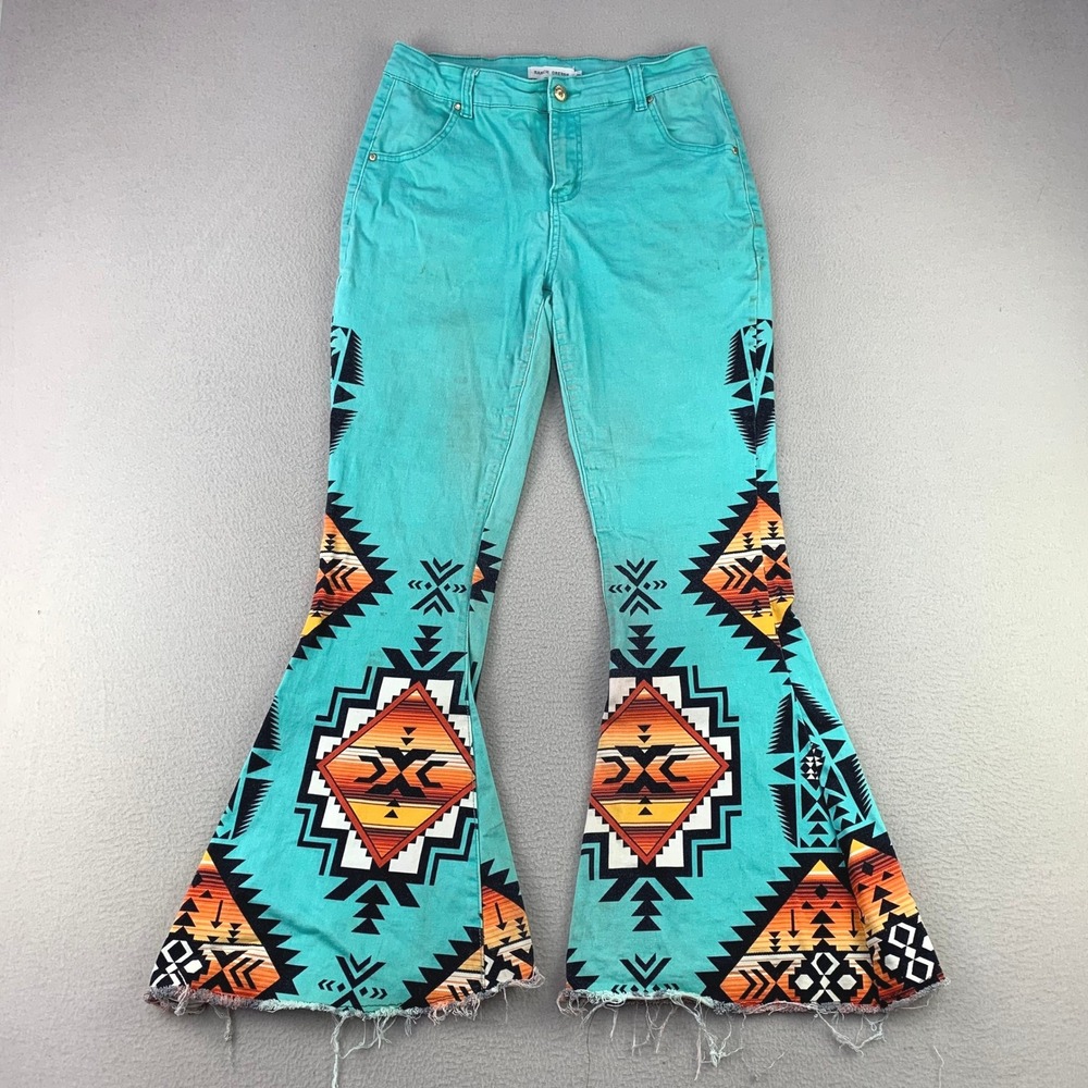 Ranch Dressn Southwestern Flare Jeans Women 8 Teal Western Aztec Rodeo Boho